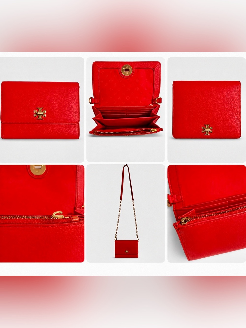Tory Burch Britten Chain Wallet Crossbody Red pebbled Leather